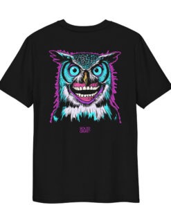 Black t-shirt with bold graphical owl print
