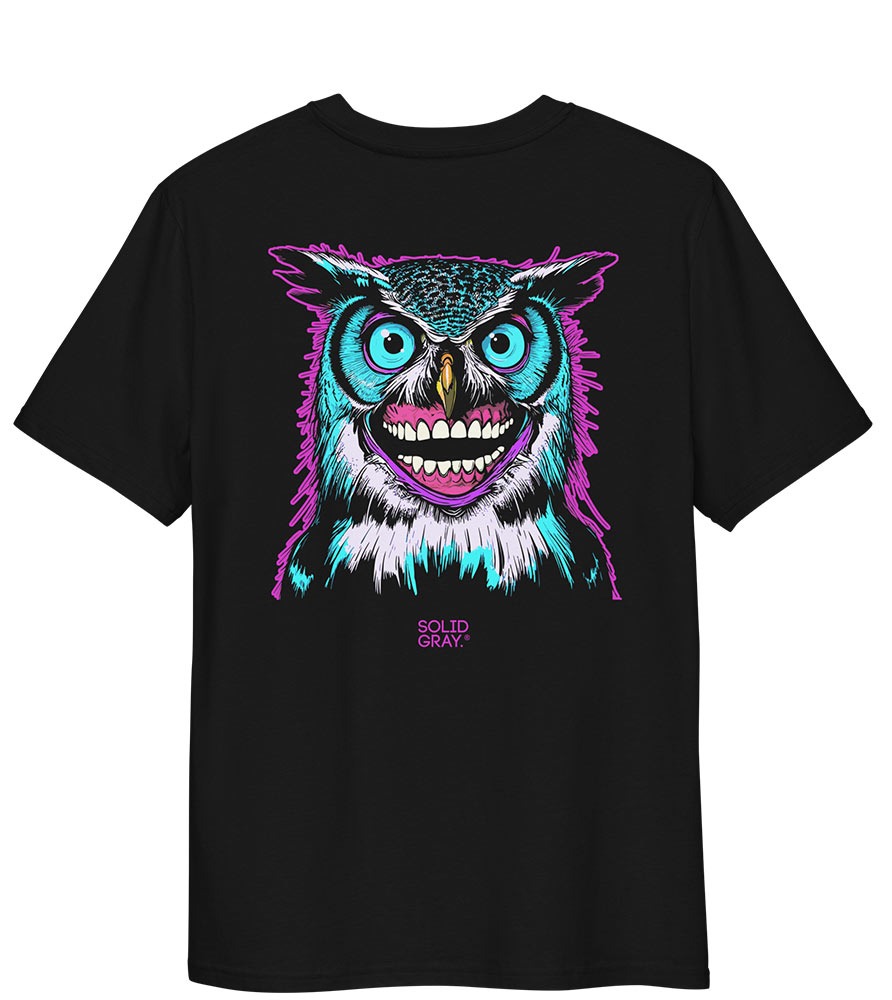 Black t-shirt with bold graphical owl print